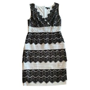 Sangria Black/White 16 Lace Tier Crepe Midi Dress Sheath Lined V-Neck Sleeveless
